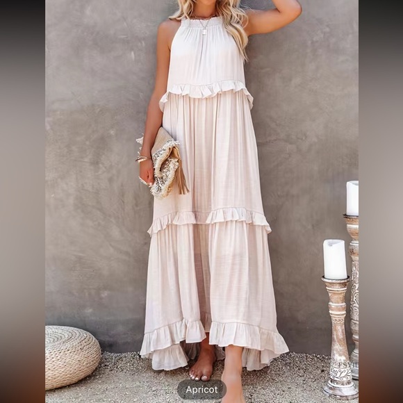 #138 Tiered Ankle Tank Dress, Vocation Backless Halter Neck Dress with Pockets - Picture 14 of 16